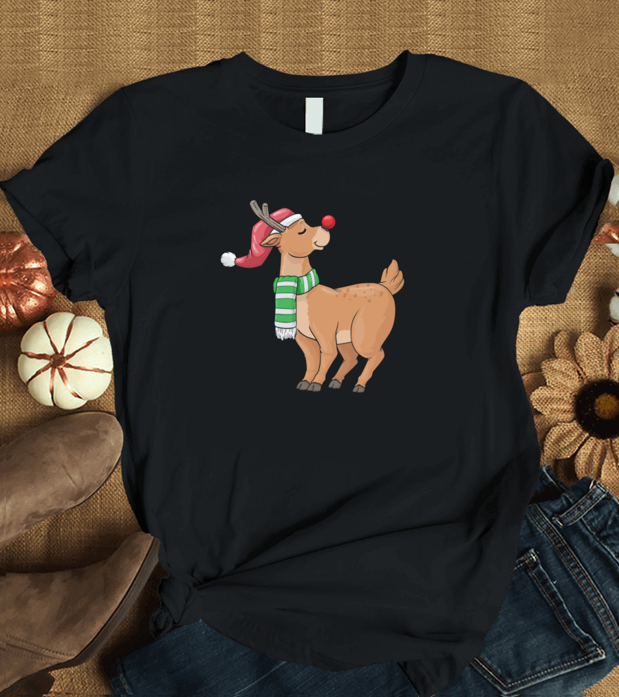 Reindeer Smiling with Red Nose Santa Hat and Green Scarf T-Shirt