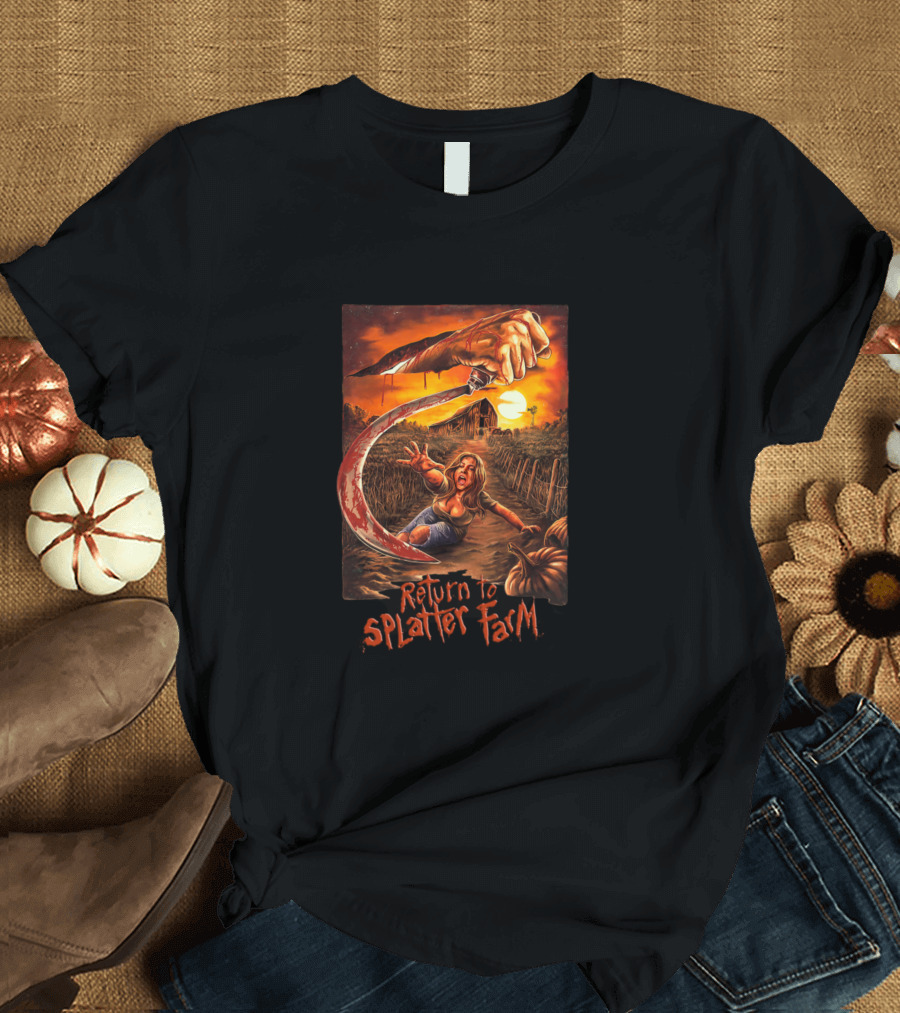 Return To Splatter Farm Horror Scene with Woman Running from Giant Knife Hand in Pumpkin Field at Sundown T-Shirt