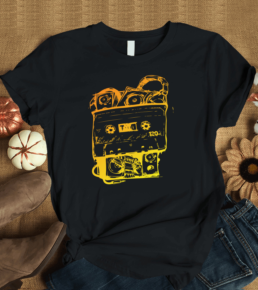 Audio Cassette 120 Yellow Gradient Boombox Headphones T-Shirt