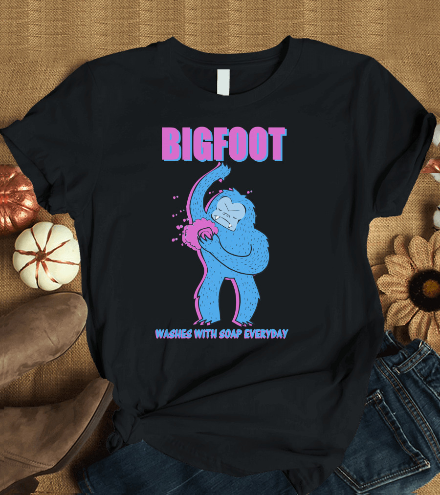 Bigfoot Washes With Soap Everyday Blue Creature Posing with Lathered Loofah T-Shirt