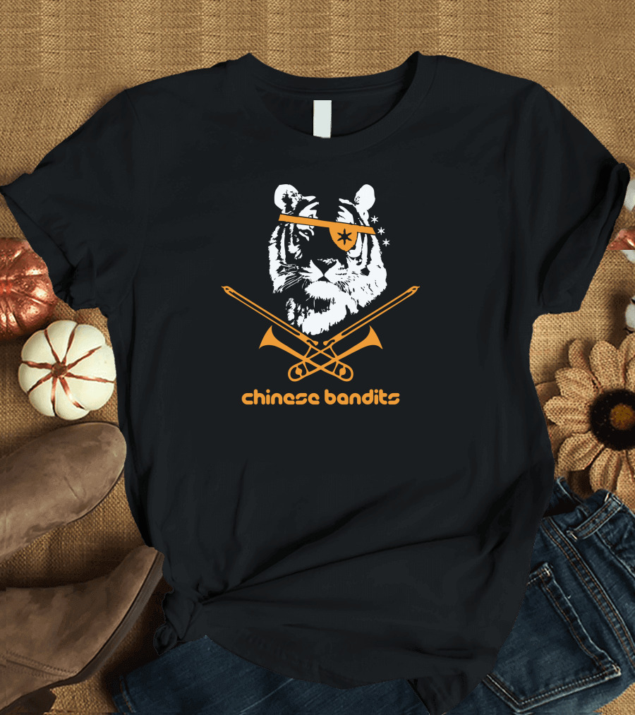 Chinese Bandits Tiger with Crossed Brass Instruments and Eye Patch T-Shirt