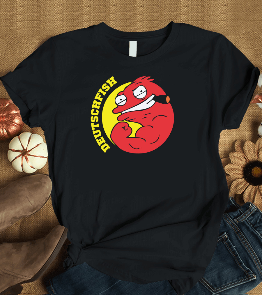 DEUTSCHFISH Cartoon Red Character with Pipe in Yellow Circle T-Shirt