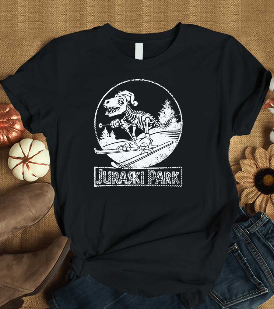 Juraski Park Dinosaur Skiing Winter Holiday Scene T-Shirt