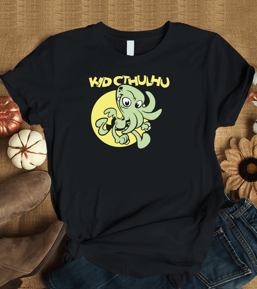 Kid Cthulhu Green Tentacled Character Against Yellow Circle T-Shirt