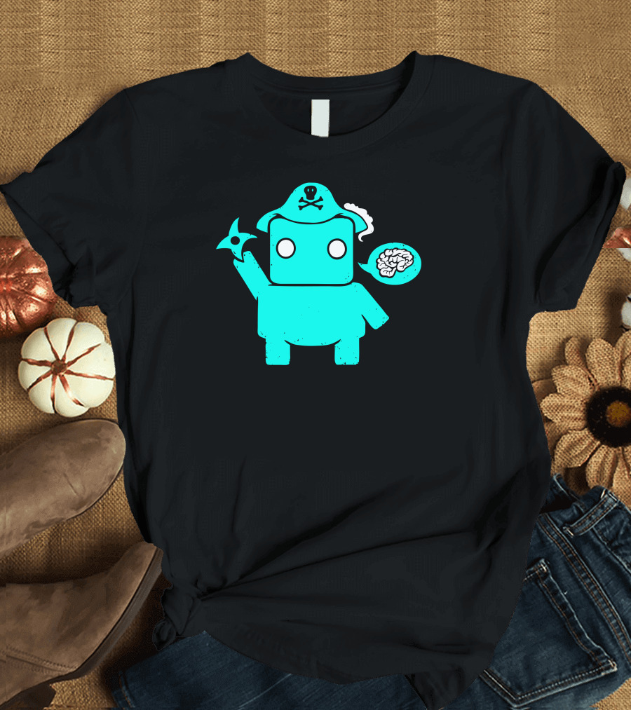 Ninja Pirate Robot Zombie with Shuriken and Brain Speech Bubble T-Shirt
