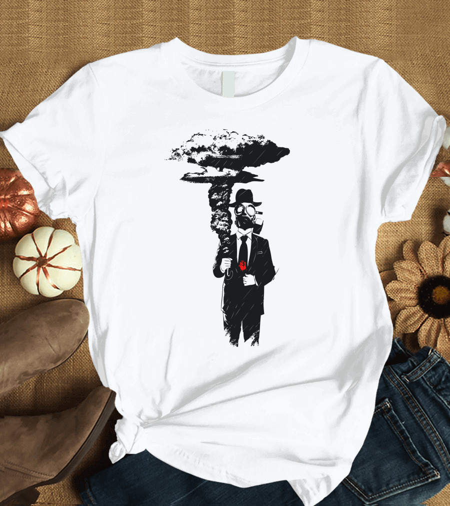 Pouring Rain Gas Mask Man with Mushroom Cloud Umbrella and Red Heart T-Shirt