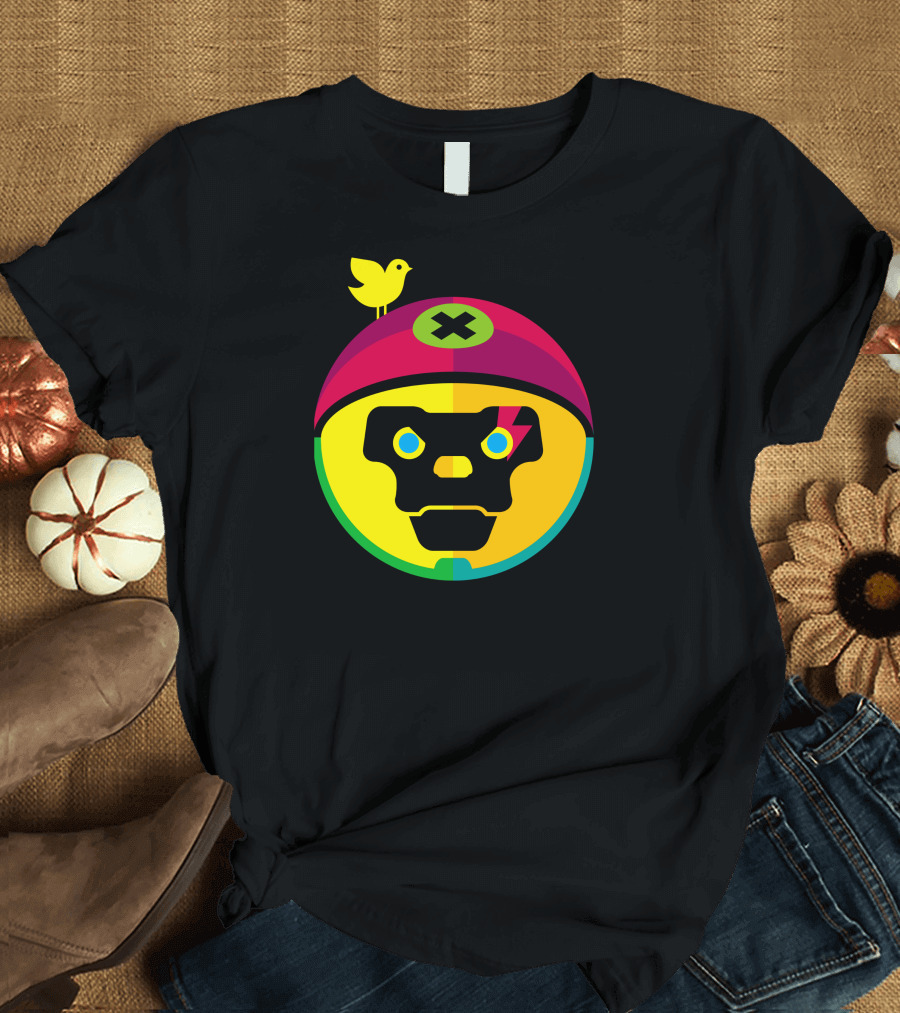 Psycho Monkey Helmet Skull with Yellow Bird and Cross Mark on Colorful Background T-Shirt
