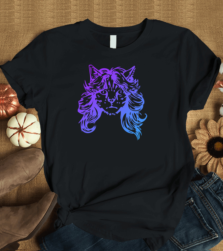 Wig Cat Psychedelic Feline Hair Duo-Tone Purple Blue T-Shirt