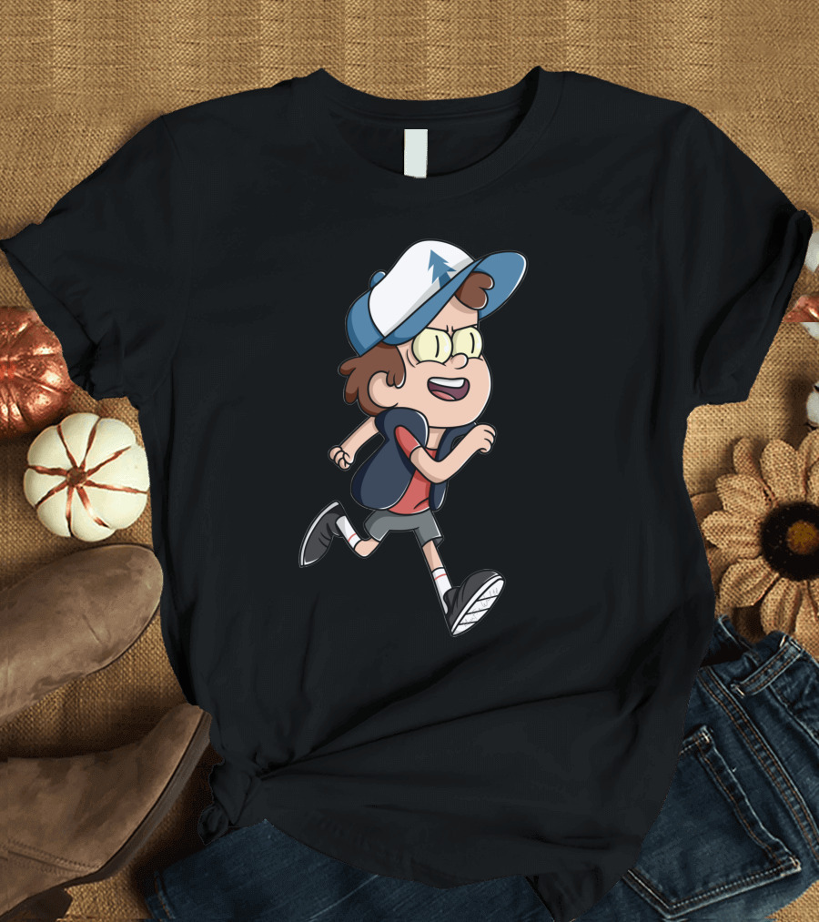 Bipper1 Gravity Falls Running Character with Blue Hat and Vest T-Shirt