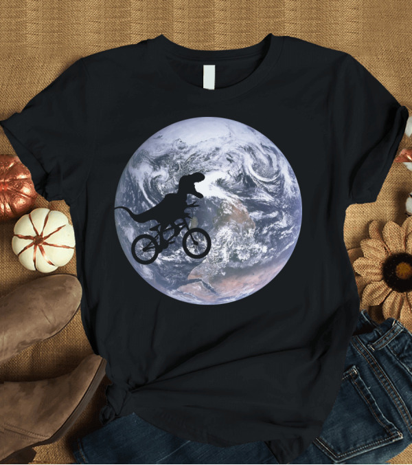T-Shirt: Etdino Dinosaur Silhouette on Bicycle against Earth Background T-Shirt Etdino Dinosaur Silhouette on Bicycle against Earth Background T-Shirt