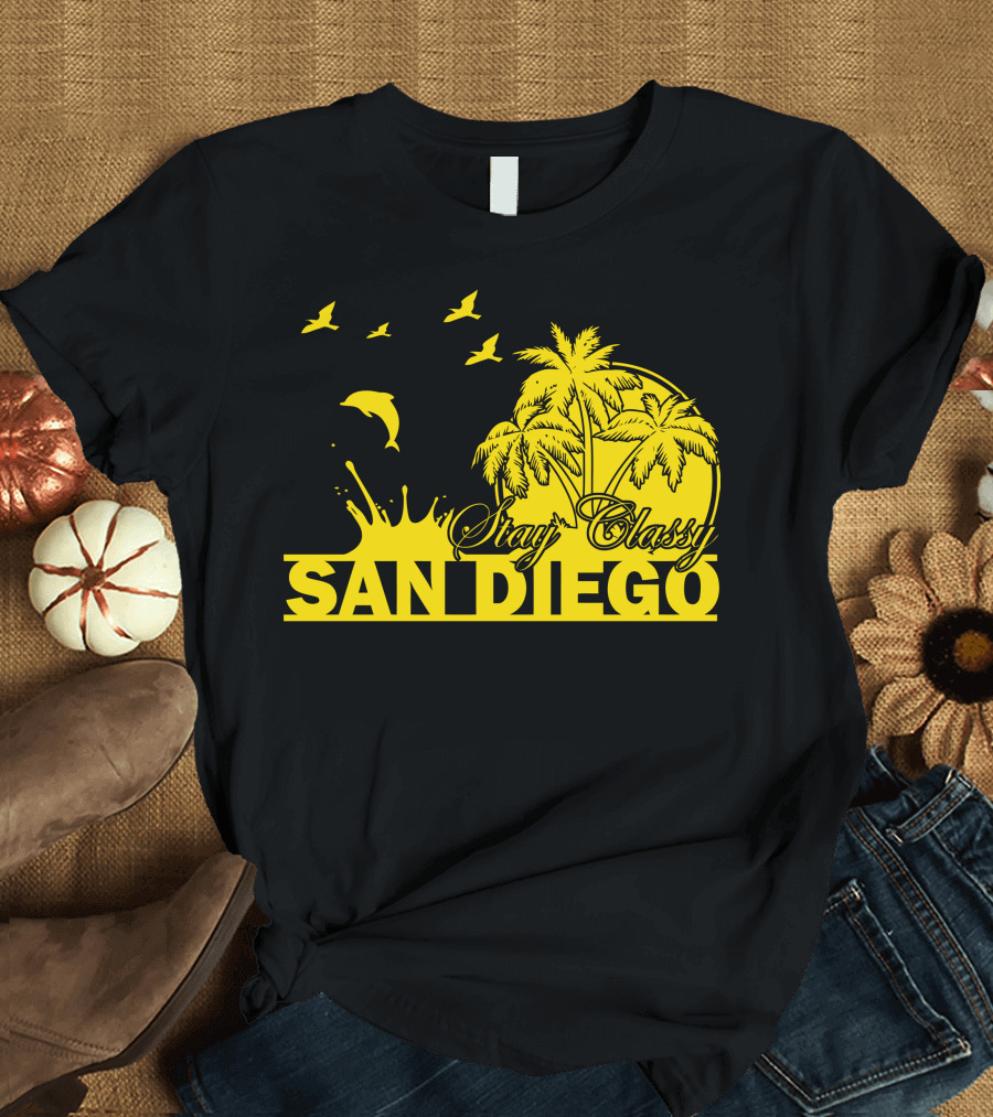 Stay Classy San Diego Dolphins Palm Trees Sunset Birds T-Shirt