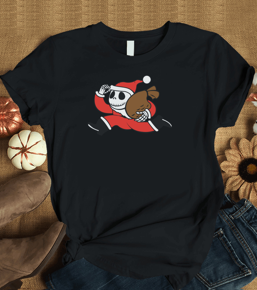 Stealing Christmas Skeleton Santa Running with Sack T-Shirt