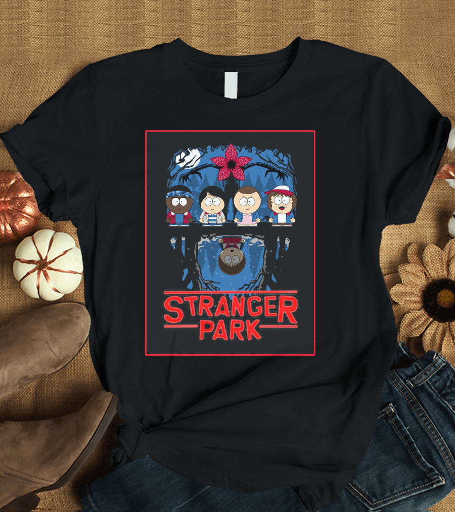 Stranger Park South Style Forest Adventure with Upside-Down Mirror and Red Flower Monster T-Shirt