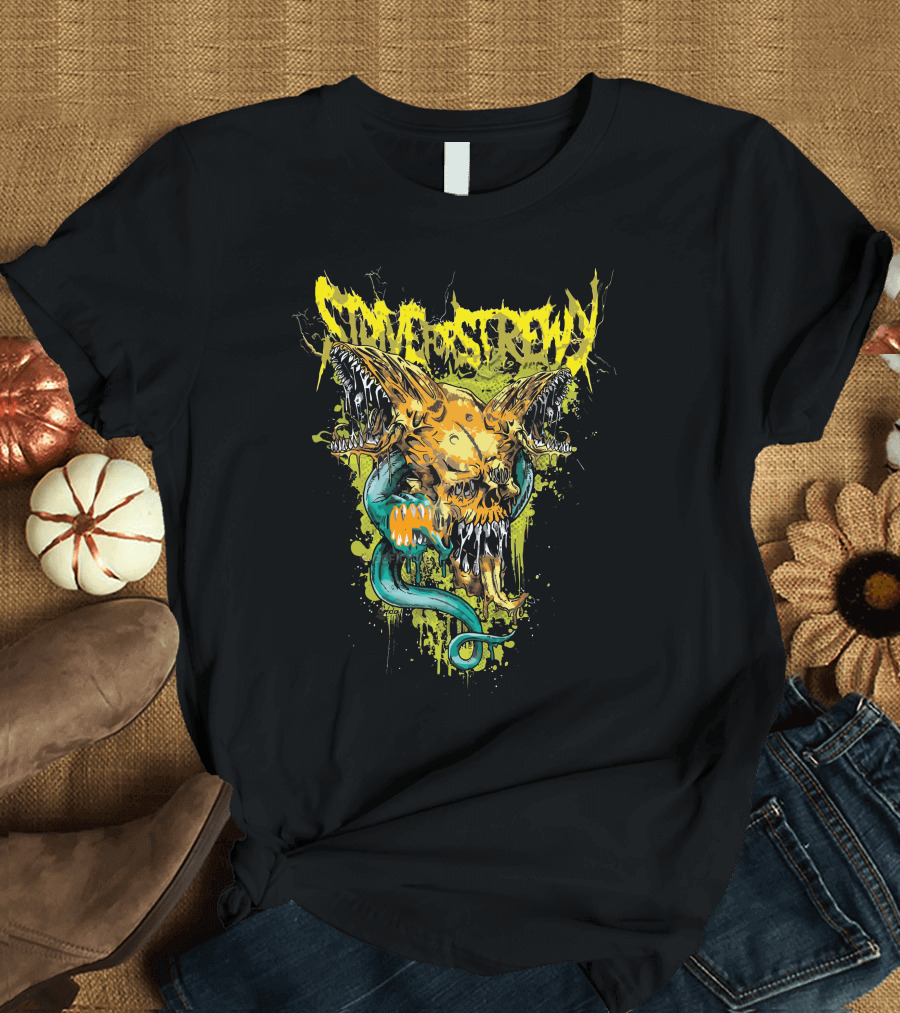 Strive For Screwy Monster Skull with Serpent and Wings T-Shirt