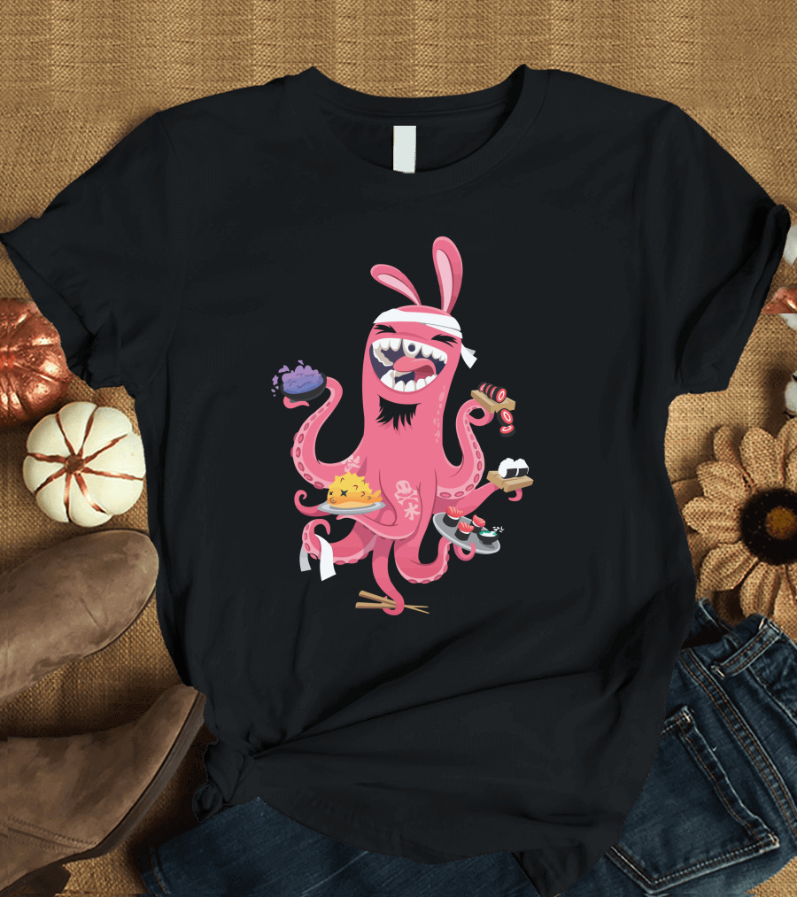 Sushi Up Pink Octopus Chef with Sushi Dishes T-Shirt