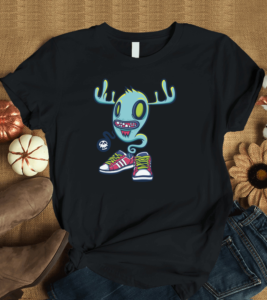That New Shoe Smell Monster with Antlers and Skull Bubble T-Shirt