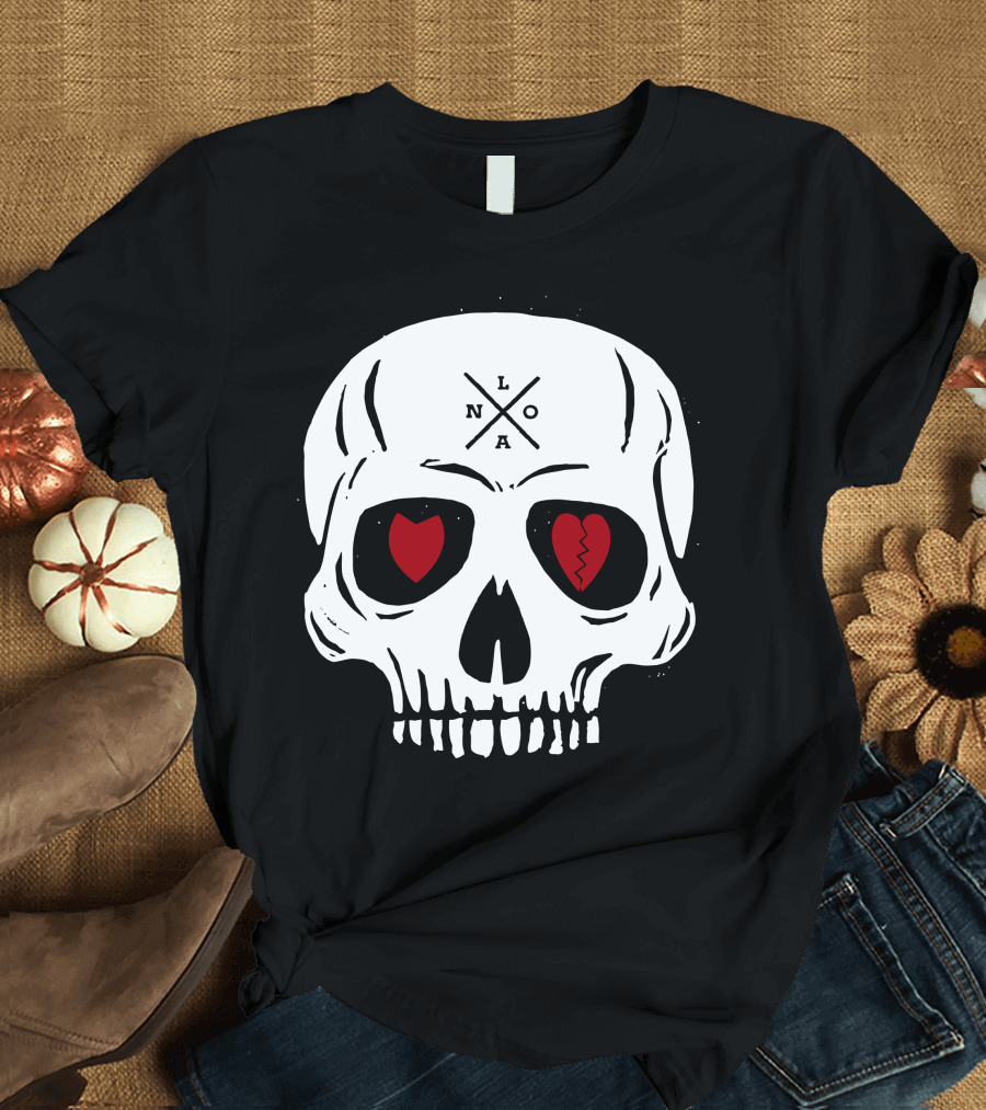 NOLA Voodoo Skull with Heart and Broken Heart Eyes T-Shirt