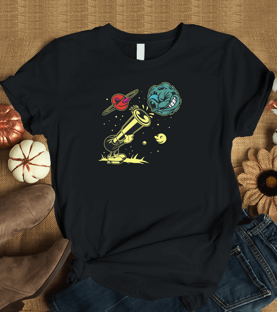 The Astronomer Pac-Man Moon and Saturn Telescope T-Shirt