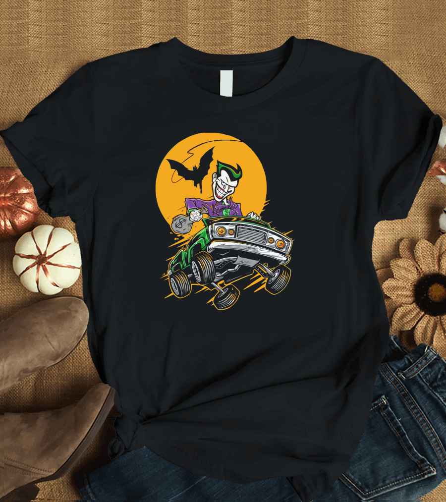 The Getaway Joker in a Classic Car with Bat Symbol Moon T-Shirt