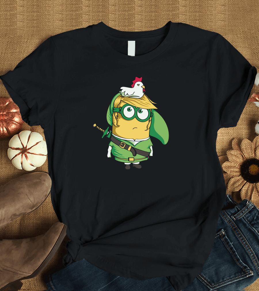 The Legend of Minlink Parody Minion as Hero in Green Costume with Chicken on Head T-Shirt
