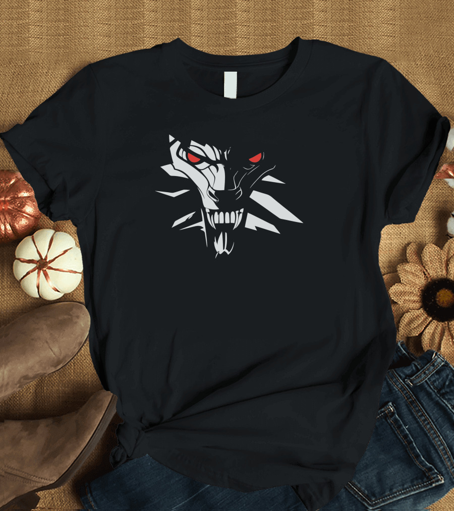 The Witcher Wild Hunt Wolf Medallion Red Eyes Monster Face T-Shirt
