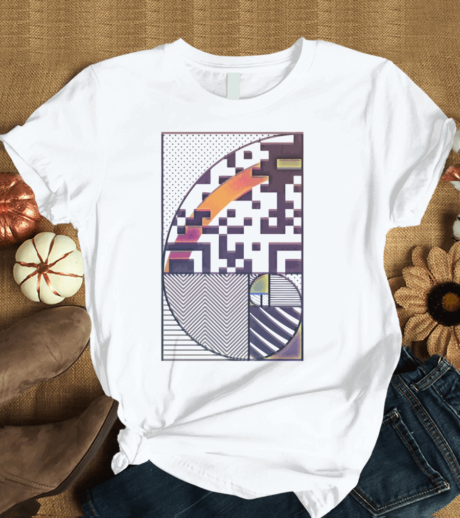 Once Golden Geometric Pattern with Retro Sunset and Maze Elements T-Shirt