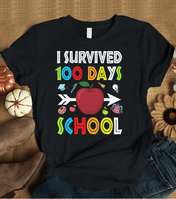 T-Shirt: I Survived 100 Days School Apple Arrow Light Bulb Backpack Palette T-Shirt I Survived 100 Days School Apple Arrow Light Bulb Backpack Palette T-Shirt