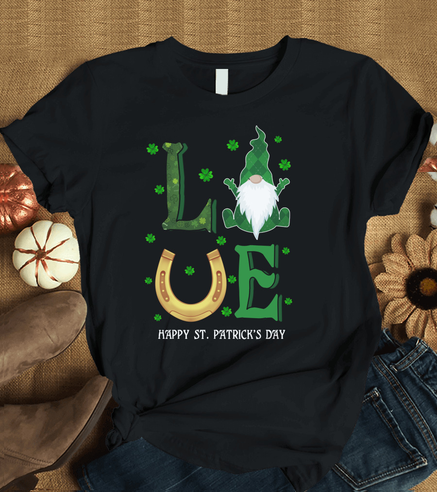 LOVE St. Patrick's Day Gnome Horseshoe Shamrock T-Shirt