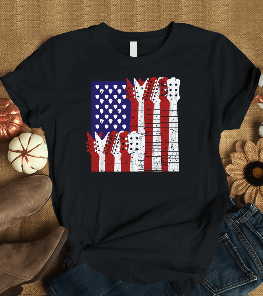 American Flag Guitar Headstocks Patriotic Music T-Shirt