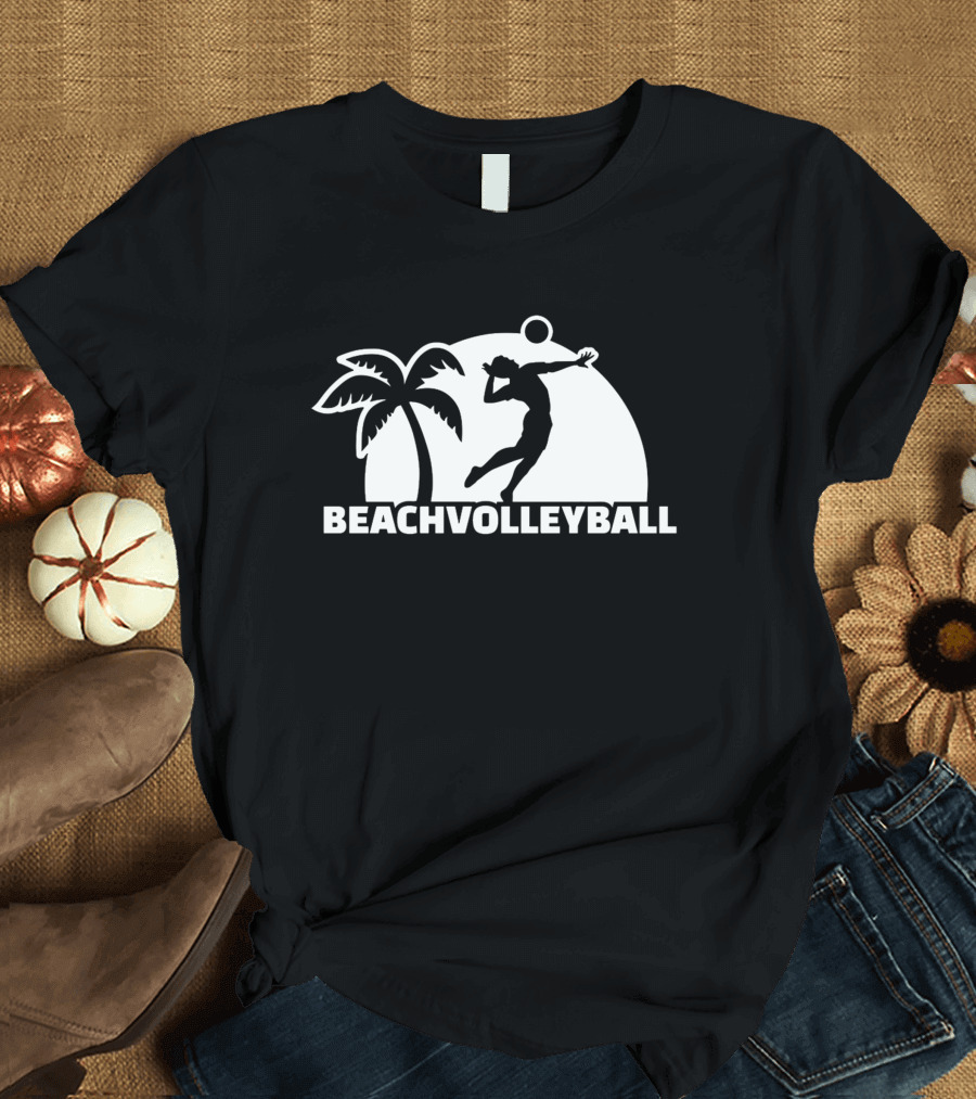 Beach Volleyball Player Silhouette Palm Tree Sun Background T-Shirt