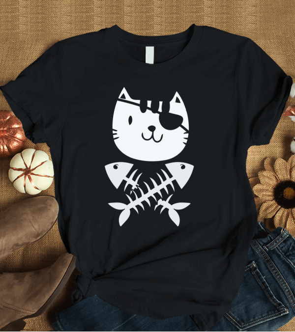 T-Shirt: Cat Pirate with Eyepatch and Crossbones Fish T-Shirt Cat Pirate with Eyepatch and Crossbones Fish T-Shirt