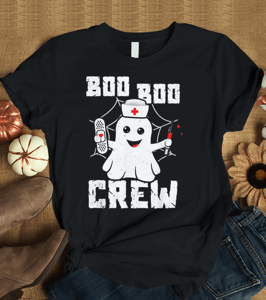 Ghost Nurse Halloween Boo Boo Crew Funny Costume with Bandage and Syringe T-Shirt