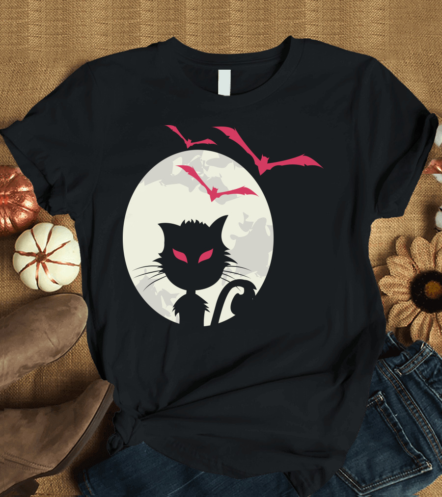 Halloween Bat Cat Silhouette with Red Bats and Moon T-Shirt