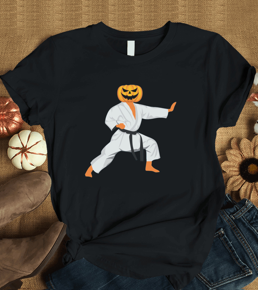 Halloween Karate Fighter Pumpkin Head Scary Martial Arts Jack-O'-Lantern T-Shirt