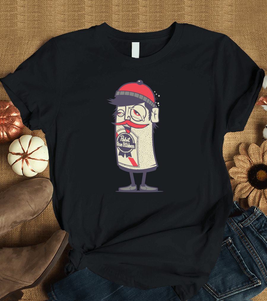 Pabst Blue Ribbon Hipster Can Character Red Beanie T-Shirt