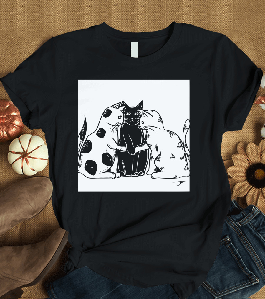 Inktober Day 29 United Plotting Trio Of Cats Black And White Posing T-Shirt