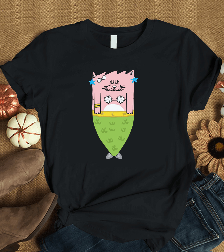 Mermeow New Cat Mermaid with Starfish and Seashells T-Shirt