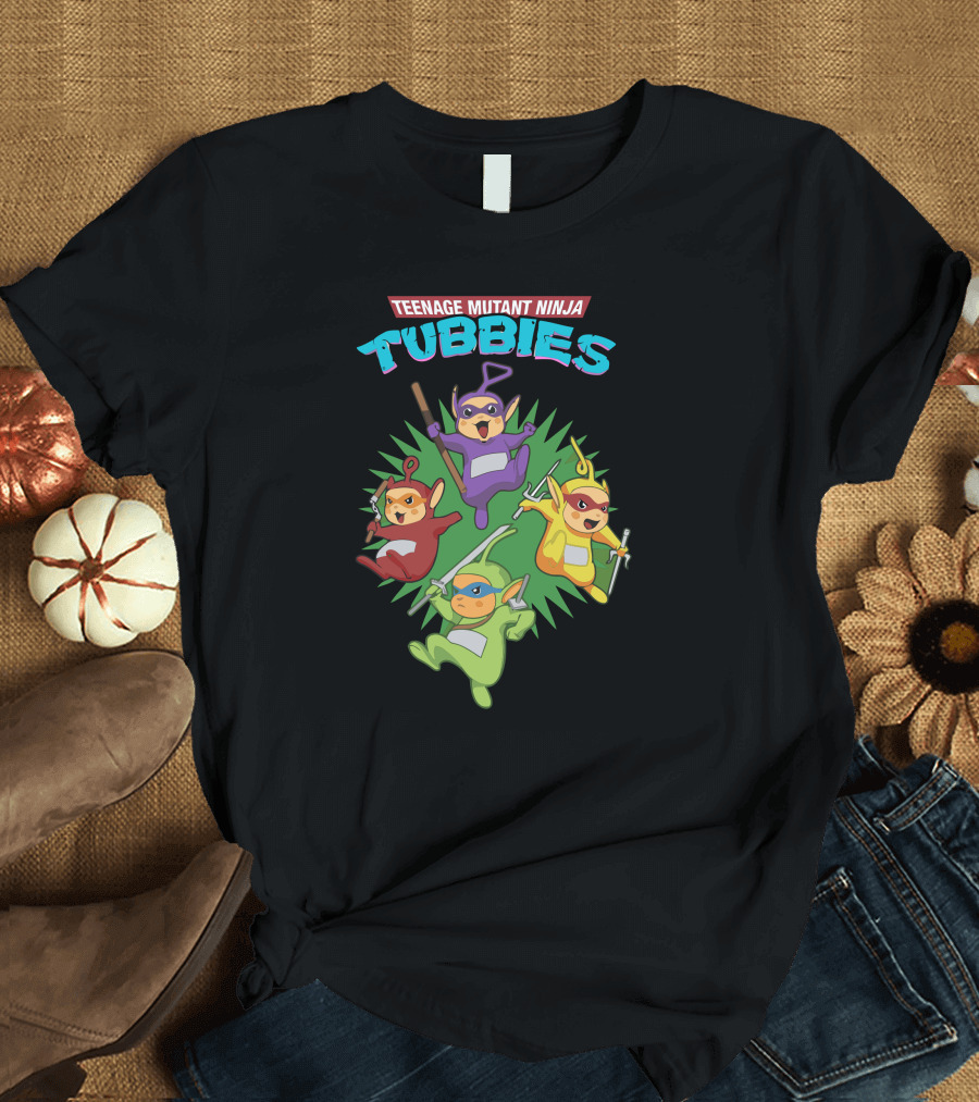 Teenage Mutant Ninja Tubbies Crossover with Iconic Characters in Action Poses T-Shirt