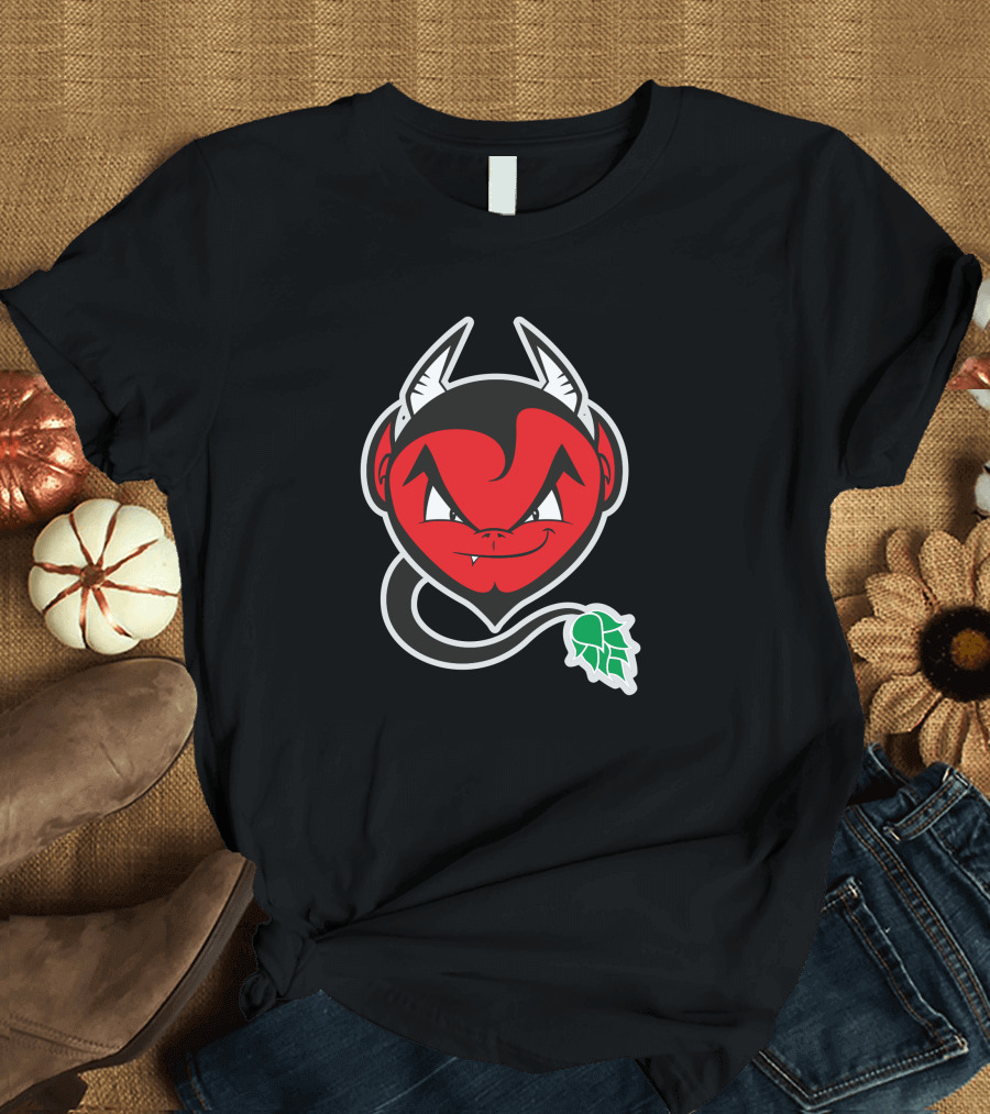 The Devil Made Me Brew It Red Devil Face with Hop Leaf T-Shirt