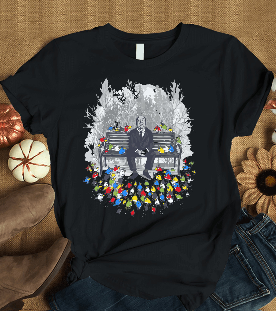Them Birds on the Bench with Man and Colorful Flock T-Shirt