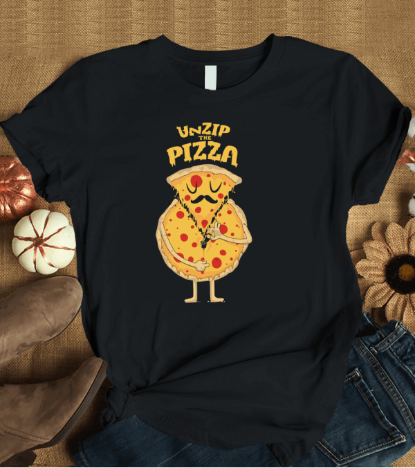 T-Shirt: Unzip The Pizza Cartoon Slice with Mustache and Zipper Pull T-Shirt Unzip The Pizza Cartoon Slice with Mustache and Zipper Pull T-Shirt