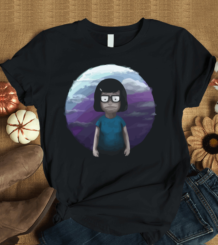 Writer Cartoon Character with Glasses and Dark Hair in Blue in Front of Purple and Blue Sky T-Shirt