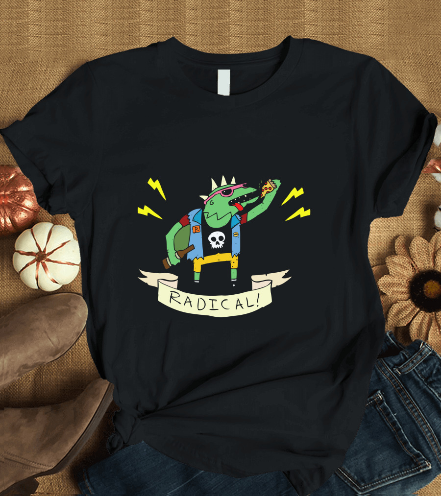 Radical Lizard Punk Rock Pizza Eating Character With Skull Vest and Mohawk T-Shirt