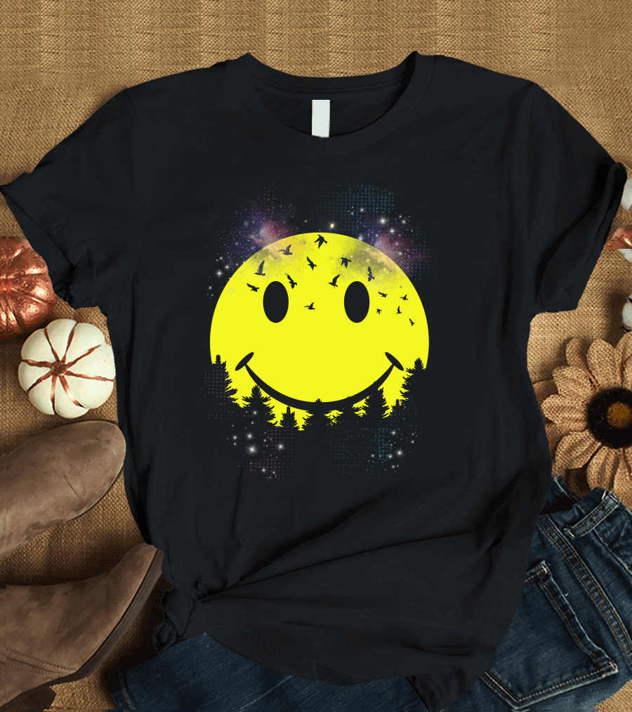 Smiley Face Moon with Birds and Night Sky T-Shirt