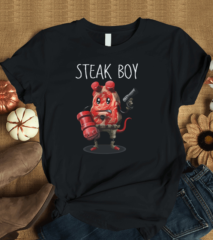 STEAK BOY Meat Warrior with Red Hammer and Black Gun T-Shirt