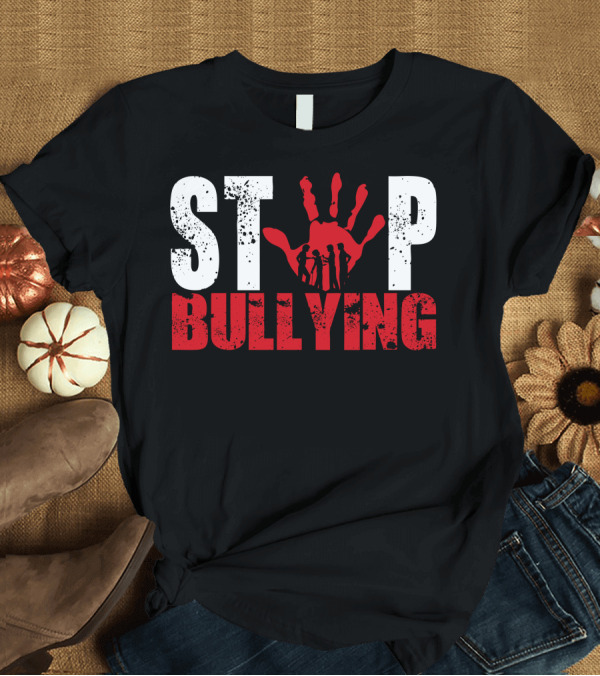 T-Shirt: STOP Bullying Red Handprint with Dark Silhouette Figures T-Shirt STOP Bullying Red Handprint with Dark Silhouette Figures T-Shirt