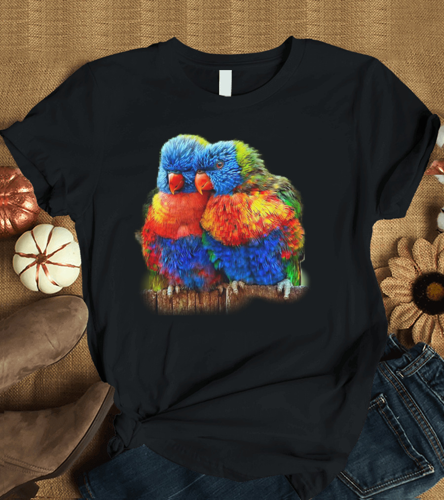 Colorful Rainbow Lori Birds Cuddling Together T-Shirt