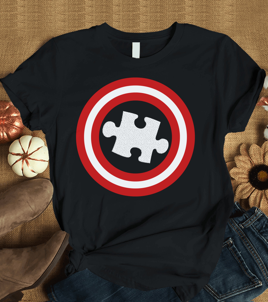 Autism Awareness Captain Autism Puzzle Shield T-Shirt