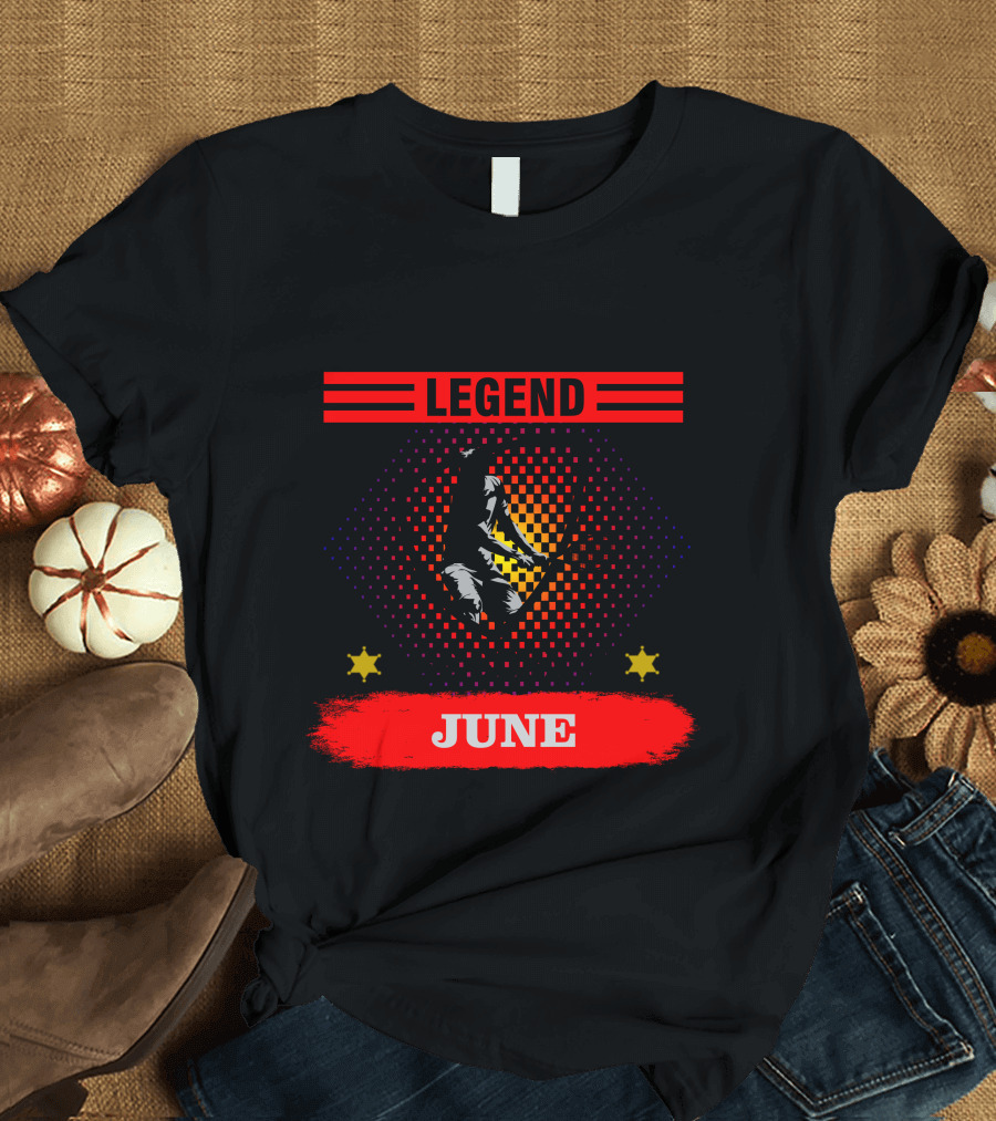Tennis Legend June Born Stars: Iconic Tennis Player with Shield and Bold Red Highlights T-Shirt