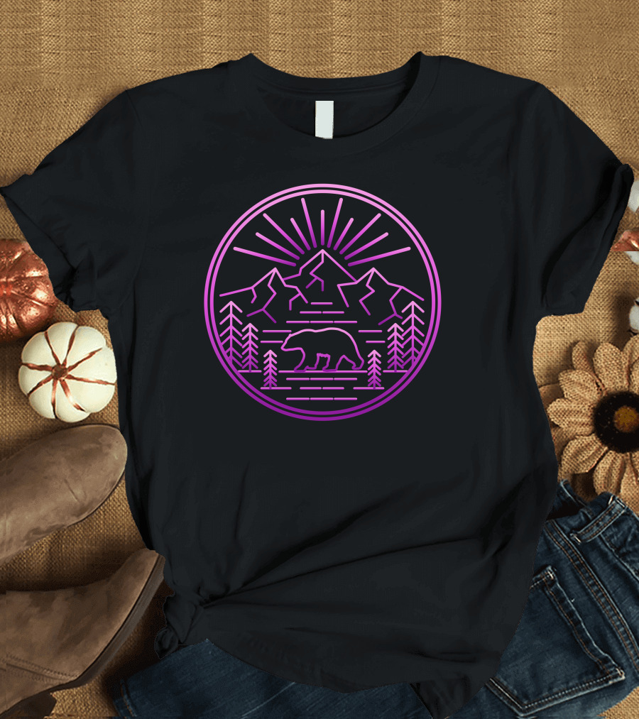 Bear Touring Neon Mountains and Forest Circular T-Shirt
